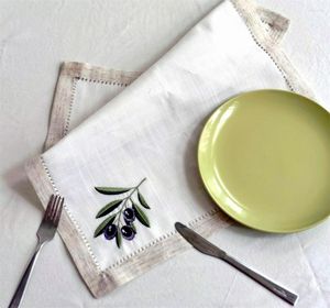 Table Napkin Practical & Versatile With Handmade Hemstitch Elegant Linen Look Decoration Olive Embroidery