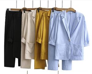 Abito da donna in lino di cotone sciolto 2 pezzi Giacca a maniche lunghe + pantaloni larghi larghi Set da 2 pezzi Giacca casual di grandi dimensioni