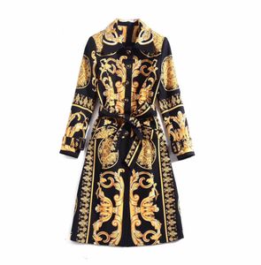 European and American women's 2023 winter clothing new Long sleeve Fine button vintage print Trench coat