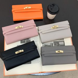 Carteira de designer de luxo cor sólida bolsas de moda feminina padrão lichia material do plutônio vários slots de cartão grade escura comprimento médio