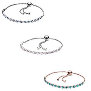 Original Moments Blue and Clear Sparkle Slider Armband Bangle Fit Women 925 Sterling Silver Bead Charm Fashion Jewelry