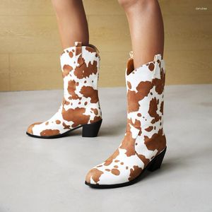 Boots 2023 Antumn Winter Women Mid-calf Plus Size 22-29cm Flock Upper Modern Vintage Cow Color Western