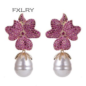 Dangle Chandelier FXLRY Fashion Rose red Big Flower Full stone Setting Irregular Pearl Drop Earring Wedding bride Party Jewelry Gift 230621