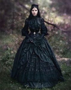 Vintage viktorianska svarta balklänningar höghals långa ärmar gotisk stil klänning special tillfälle klänningar för kvinnor korsett tiered veck golvlängd maskerad slitage