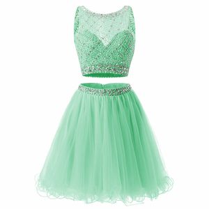 Short Mint Two Pieces Homecoming Dresses Sequined Tulle Mini Prom Dress Lace Appliques Crystal Birthday Graduation Cocktail Party Gown