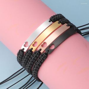 Chain Link Bracelets 5pcs Stainless Steel Hollow Heart Rectangle Blank Bar String Bracelet Black Braided Rope Wirst Woven Hand-knitted