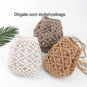 School Bags Vintage Woven backpack cotton rope bucket small straw bag vacation travel mini fresh backpack hand-woven bags