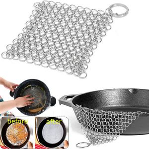 Esponjas Esponjas De Aço Inoxidável Limpador De Ferro Fundido 316L Chainmail Pan Raspador Esfregão De Arame Prato De Limpeza De Panelas Escova De Cozinha Acessórios para Casa 230621