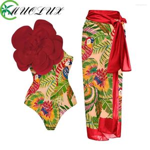 Women's Swimwear MUOLUX 2023 Vintage Print Push Up One Piece Swimsuit Dress 3D Flower Bikini Cover Fashion Monokini Women Beachwear