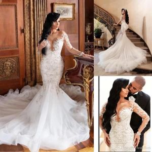 Dubai sexy africano sereia vestidos de casamento ilusão mangas compridas vestido de noiva renda apliques magro vestidos de noiva plus size bc3345