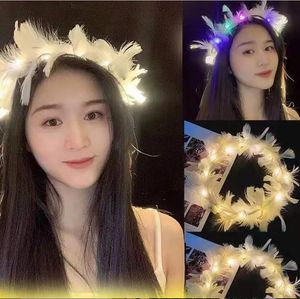 LED Feather Wreath Headband Light-Up Headband Luminous Headdress For Women Girls Wedding Christmas Halloween Glow Party