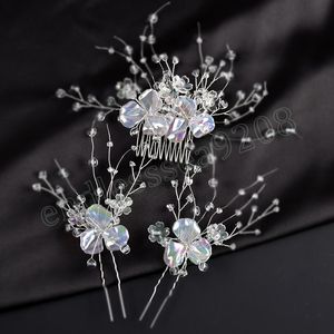 Pettini per capelli in cristallo da sposa 3 pezzi Set di gioielli da sposa per fiori Bastoncino per capelli Colori strass lucidi Accessori per capelli carini squisiti