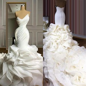 Gorgeous Saudi Arabia Dubai Mermaid Wedding Gowns Plus Size African Strapless Pleats Formal Bridal Dresses Cascading Ruffles Lace-299Z