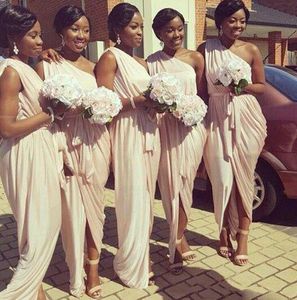 African American Grecian Bridesmaid Dresses 2023 Unique One Shoulder Peach Pink Mermaid Long Formal Dresses for Women With Sash