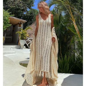 2023 Bikinis Cover-ups Sticked Sexig See Through Mesh Beach Cover Up Maxi Slim Bodycon Summer Dress Tassel Hollow Out