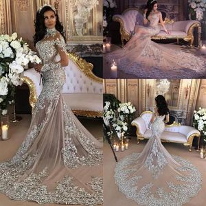 Luxury Sparkly 2022 Mermaid Wedding Dress Sexy Sheer Bling Beads Lace Applique High Neck Illusion Long Sleeve Champagne Trumpet Br318b