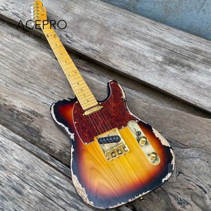 Acepro Ash Body Relic Electric Guitar Vintage Sunburst Color Maple Neck Abalone Inlays Gold Hardware Handmade Aged Guitarra