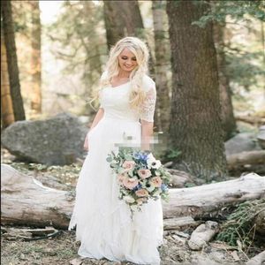 Western Country Wedding Dresses Lace Chiffon Modest V Neck Half Sleeves Long Bohemian Bridal Gowns Plus Size Robe de mariee en den2423