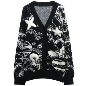 Autumn/Winter Knitted Cardigan 2023 Geometric Pattern Jacquard Loose Casual V-Neck Mid length Women's Coat