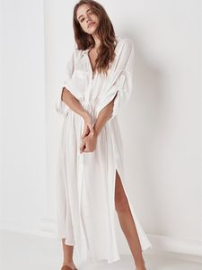 Beach Dress Women White Shirt Tunic Turn Down Collar Summer Kaftan Swimsuit Cover Up for Swimwear 2022 New Elegant