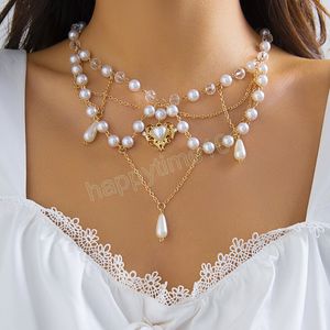 Multilayer Boho Tassel Imitation Pearl Chain Necklace for Women Wed Bridal Vintage Bowknot Heart Cross Pendant Choker Jewelry