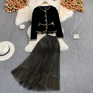 Two Piece Dress Fall Spring Velvet Two Piece Set Women Retro O-neck Single-breasted Gold Trim Velvet Jacket Coat +Shinny Mesh Long Skirt Suits 2023