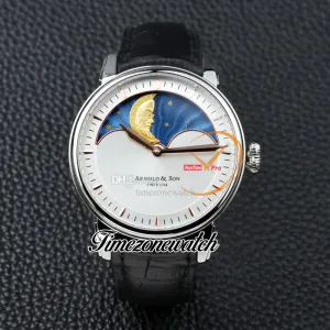 Nuovo 42mm ArnoldSon HM Perpetual Moon A1GLARI01AC122A Cassa in acciaio Quadrante bianco Meccanico a carica manuale Orologio da uomo Cinturino in pelle nera Orologi UK Cool Timezonewatch