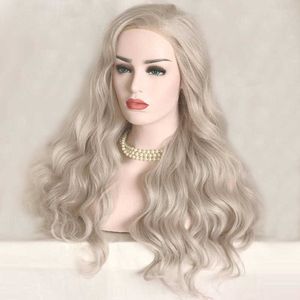 Kvinna värmebeständig spetsfront peruks syntetiska peruk för kvinnor silver grå spets peruk före plockad cosplay peruk naturlig våg hår 230524