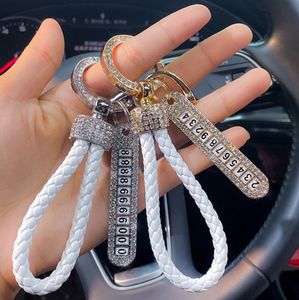 Car Keychain Crystal Anti-lost Leather Keychain Women Men Gold Silver Buckle Car Key Ring Chain Holder Phone Number Tag keyring