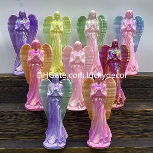 Rainbow Aura Quartz Crystal Guardian Praying Angel Decorative Art Pretty Titanium Coated Natural White Jade Gemstone Goddess Sculpture Carving Meaningful Gift