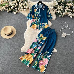 Women's Two Piece Pants Summer New Fashion Floral Printting Pants Set Women's Outfits Casual Short Sleeve Shirt Wide leg Trousers Sets Female 2023