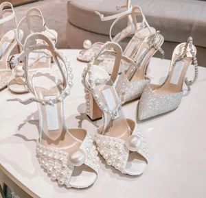 패션 럭셔리 브랜드 디자이너 Sacora Sandals Shoes Pearls White Leather Women 's Evening 하이힐 JM 디자이너 레이디 펌프 파티 웨딩