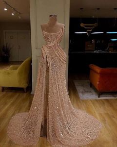 Long Train Gold Mermaid Dresses High Split Dress Formal Evening Gowns Robe De Soiree Abendkleider