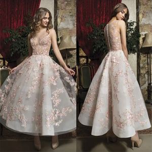 Fabulous Pink Floral Prom Dresses Appliqued Sheer Jewel Neck A Line Short Formal Evening Gowns Buttons Back Ankle Length Homecoming Dress