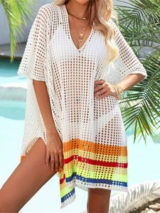 Bikini Cover Up Women White Beach Dress 2023 Summer Fashion Sexy Swimwear Black Crochet Knitted Hollow Out Loose Striped