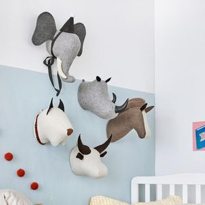 Plush Wall Stuff Elephant Rhino Dog Buffalo 3D Animal Head Wall Mount Children Stuffed Toys Kids Room Wall Art Hanging Home Decor Birthday Gifts 230621