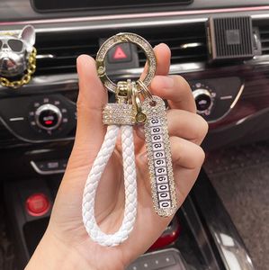 Anti-Lost Car KeyChain Phone Number Card Keyring Leather Bradied Rope Auto Vehicle Diamond Key Chain Holder Accessories Gift for Man