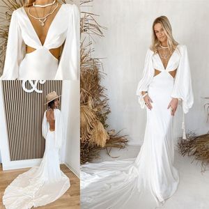 Moderne Strand-Meerjungfrau-Brautkleider, schlichtes Krepp-Fleck, sexy Cutside, böhmischer Sommerurlaub, griechisches Brautkleid, Rue De Seine207l