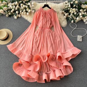 Casual Dresses Ruffles Maxi Dress Women Summer Solid V Neck Elegant Retro Long Sleeve Ladies Fashion 2023 Party A Line Dresses