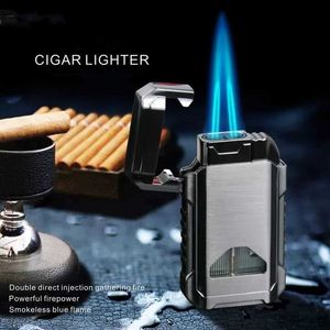 Double Turbo Torch Jet Cigar Dedicated Metal Plastic Gas Lighter 1300C Windproof Pipe Smoking Accessories Gadget for Men C67L