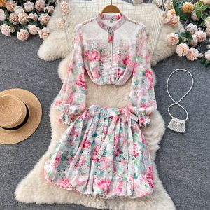 Two Piece Dress Summer Spring dress new women's fashion print embroidered panel lace set women's long sleeve shirt + pleated short skirt two-piece set 2023