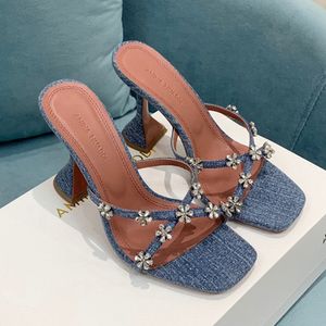 Amina Muaddi Begum Women's High Heel Mules Sandals Denim for Crystal Embellied Strap Strap Slippers Shoes Rhinestone Spool Heel Heels Luxury Designers Dress Shoe