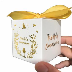 Gift Wrap Kids Boy Girl First Holy Communion Party Favor Bronzing Mini Candy Box White Square 6cm Folded 2050100pcs 230621