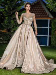 Elegant Moroccan Kaftan Champagne Evening Dresses With Detachable Train Lace Appliques Beaded Long Sleeves Formal Event Gowns For Women