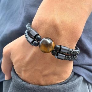Bangle Fashion Style Men Leather Bracelet Natural Red Tiger Eye Stone Stainless Steel Magnet Clasp Mens Jewelry 2023 Christmas Gift Melv22