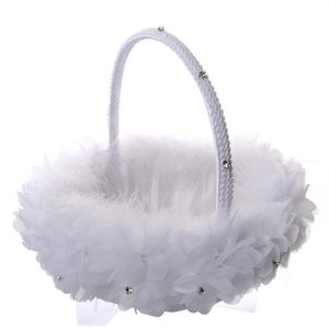 White Ostrich Feather Flower Girl Basket Elegant Round Silk Flower Basket Wedding Favors Wedding Accessory New347P