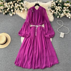 Casual Dresses Summer Spring Summer Vintage Stand-up Collar Lantern Sleeve Chiffon Dress Waist Lace-up Mid-Length Women Solid Color Dresses Vestidos 2023