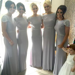 2023 Long Gray Bridesmaid Dresses Cap Sleeve Beadings Waist Floor Length Sheath Girls Party Gowns Wedding Guest Dress Custom Size