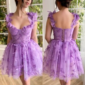 Sweet Purple Short Homecoming Dresses Spaghetti Lace Appliques Mini Cocktail Homecoming Dress