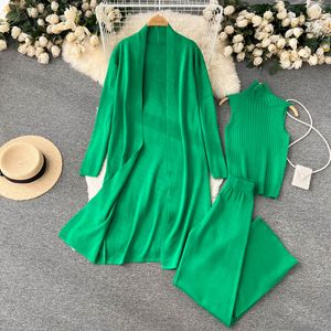 Two Piece Dress Casual Women Sweater Three Piece Outfits Minimalist Solid Ribbed Knit Turtleneck Vest Long Cardigan Wide leg Pants Sets 2023